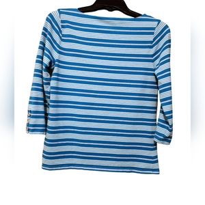 Liz Claiborne blue, striped, 94% cotton top. ¾ sleeves. Petite M
